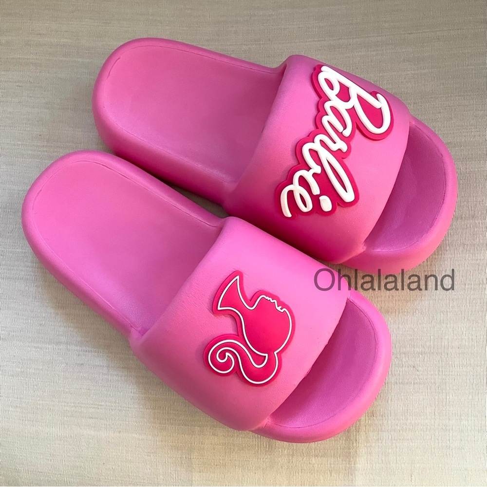 🩷 New Barbie WOMENS Hot Pink Logo Slide Sandal Slipper Shoes home 35 36 5 6
